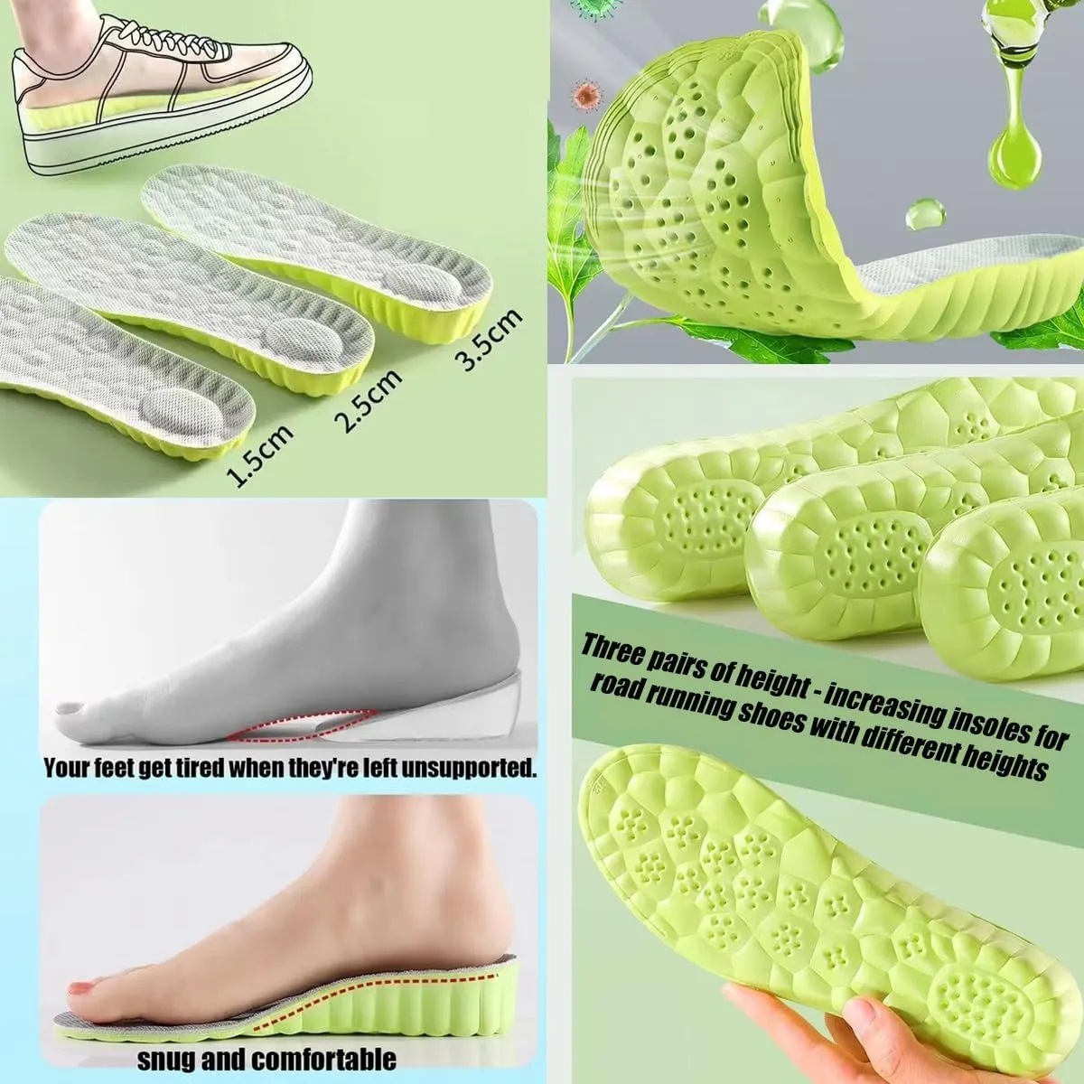 6Pcs Unisex Foam Heightening Insoles. Cushioned, Suitable for Work and Sports Shoes. Comfortable, Breathable, Sweat-Proof. 3pairs of Insoles with Different Heights in one Set (Men9-10.5/Women10.5-12)
