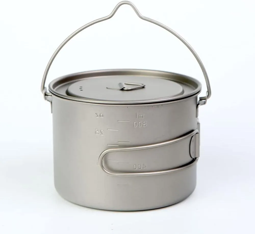 750-900ml Titanium Hanging Pot with Lid and Folding Handle Camping Titanium Cookware Titanium Cup/Pot for Outdoor Camping Hiking Backpacking