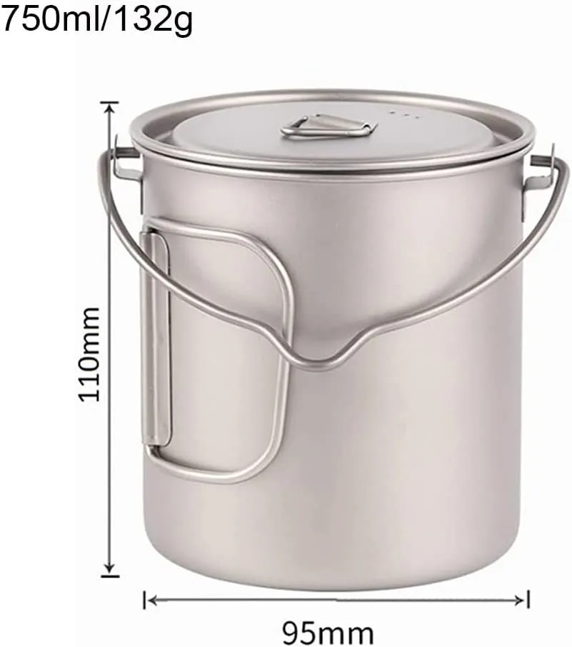 750-900ml Titanium Hanging Pot with Lid and Folding Handle Camping Titanium Cookware Titanium Cup/Pot for Outdoor Camping Hiking Backpacking