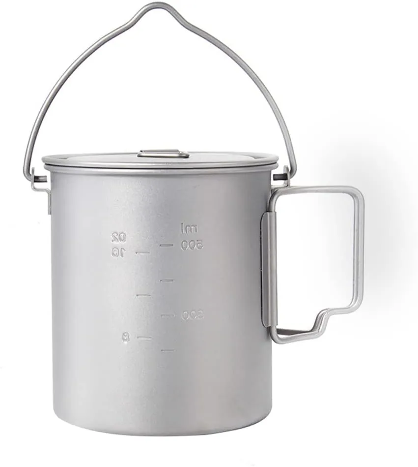 750-900ml Titanium Hanging Pot with Lid and Folding Handle Camping Titanium Cookware Titanium Cup/Pot for Outdoor Camping Hiking Backpacking