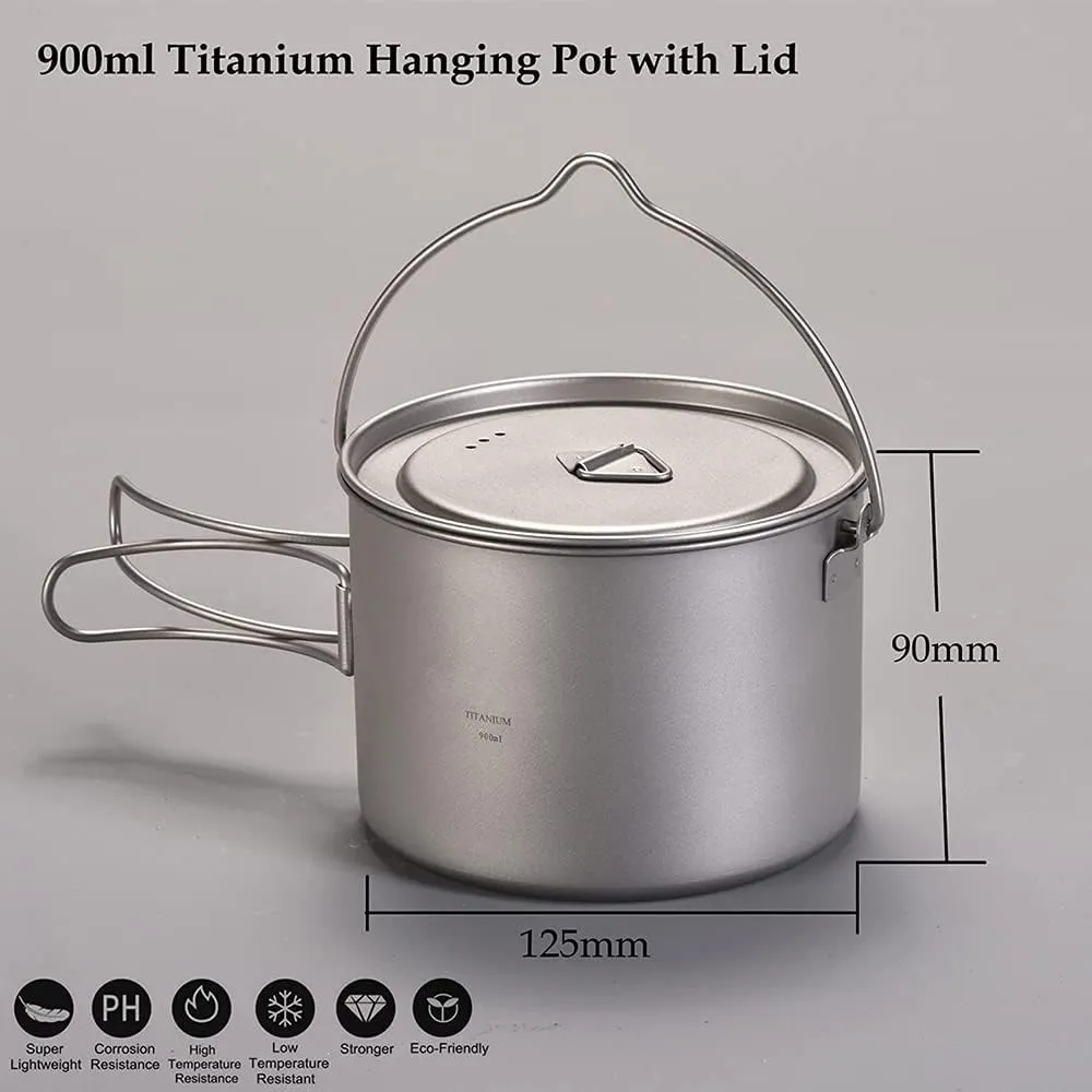 750-900ml Titanium Hanging Pot with Lid and Folding Handle Camping Titanium Cookware Titanium Cup/Pot for Outdoor Camping Hiking Backpacking