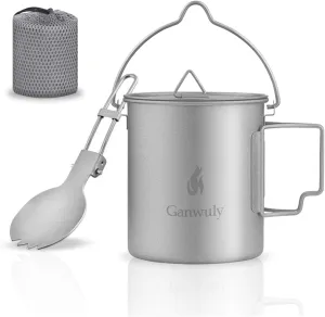 750ml Titanium Pot with Folding Spork, Camping Titanium Pot with Bail Handle Foldable Handle and Cup Bag for Camping Hiking Travelling Backpacking Open Fire