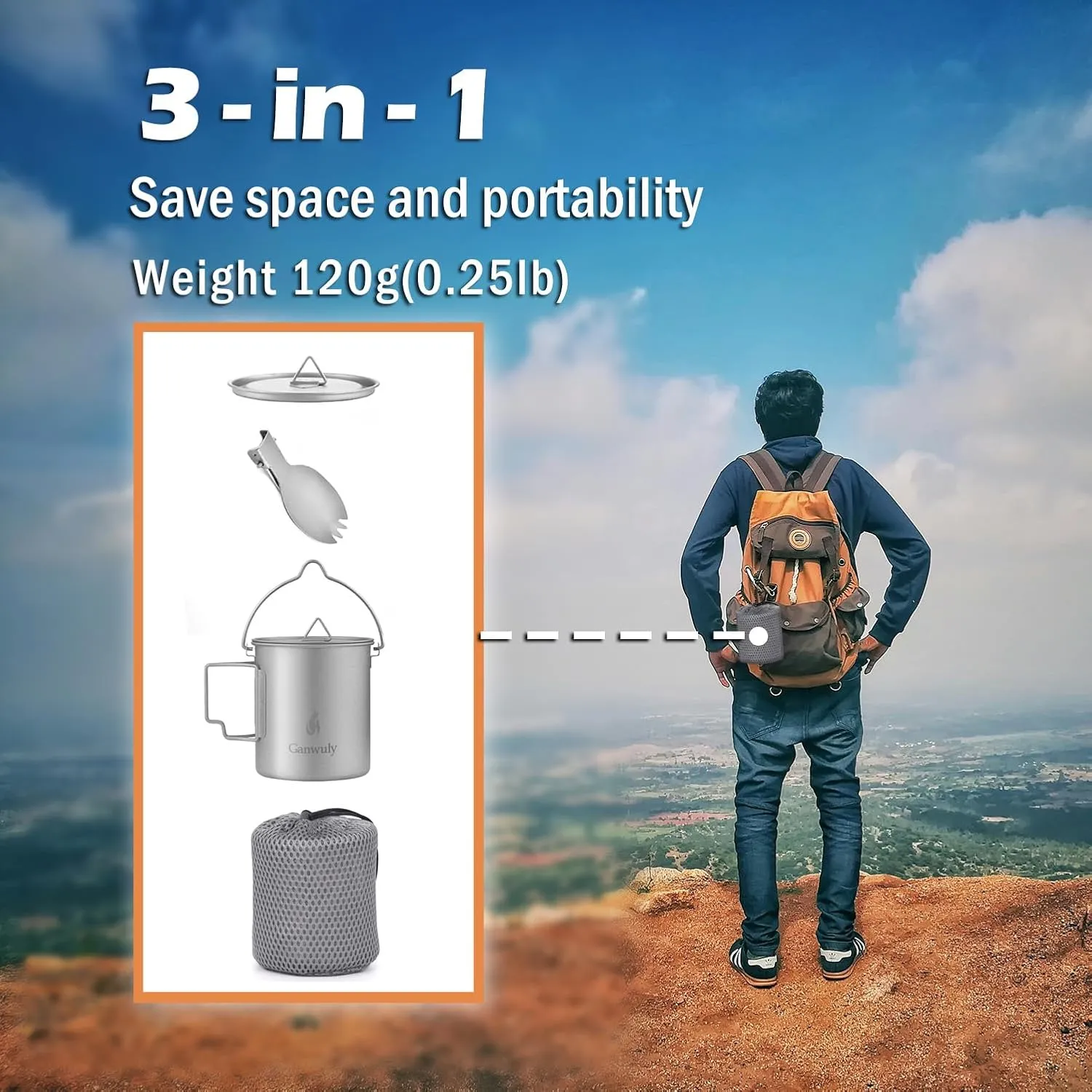 750ml Titanium Pot with Folding Spork, Camping Titanium Pot with Bail Handle Foldable Handle and Cup Bag for Camping Hiking Travelling Backpacking Open Fire