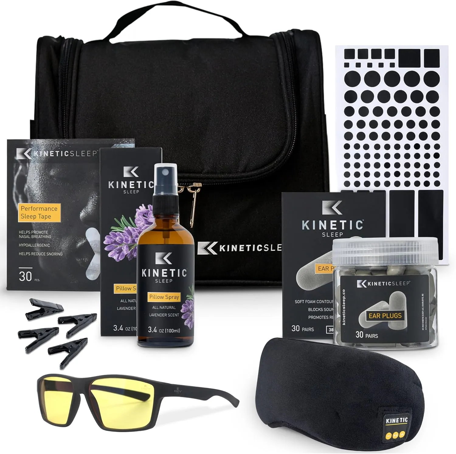 8-Piece Travel Sleep Kit - Bluetooth Eye Masks, Blue Light Glasses, Ear Plugs, Mouth Tape, Black Stickers, Lavender Spray and Blackout Curtain Clips with Bag - Hand Assembled in North Carolina, USA