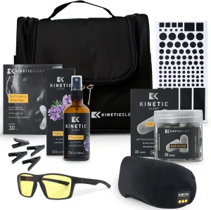8-Piece Travel Sleep Kit - Bluetooth Eye Masks, Blue Light Glasses, Ear Plugs, Mouth Tape, Black Stickers, Lavender Spray and Blackout Curtain Clips with Bag - Hand Assembled in North Carolina, USA