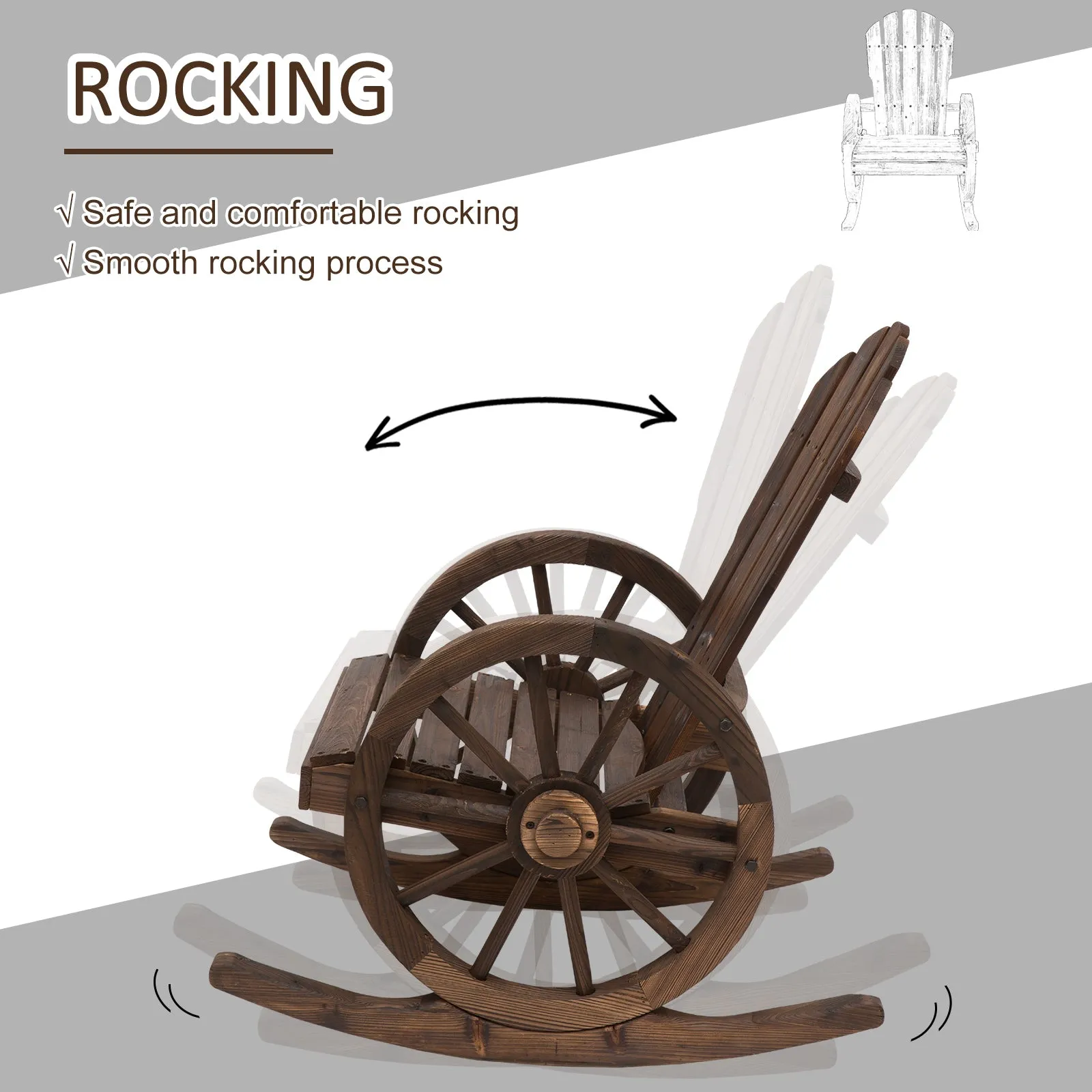 Adirondack Rocker Chair with Slatted Design & Oversized Back for Porch & Garden, Carbonized