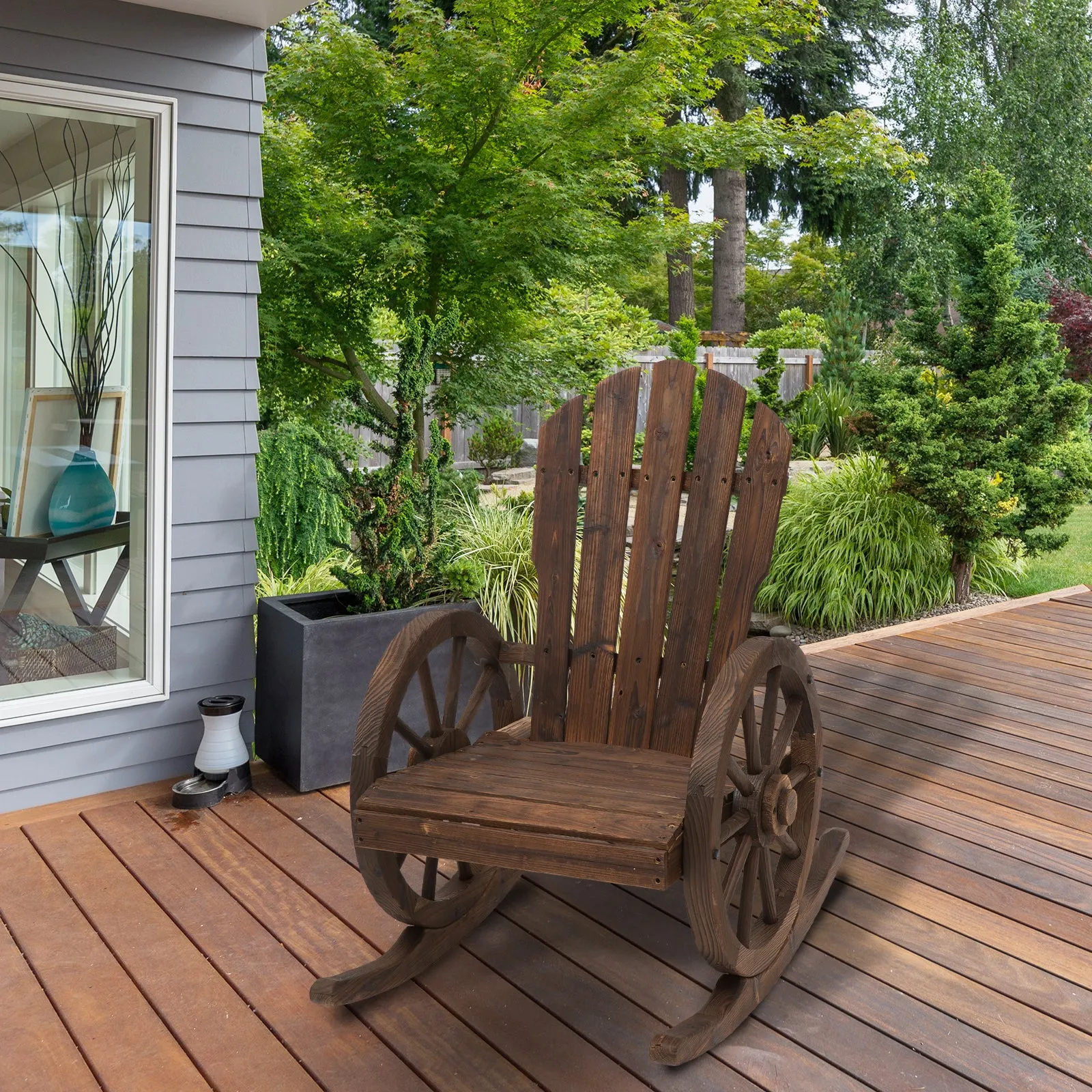 Adirondack Rocker Chair with Slatted Design & Oversized Back for Porch & Garden, Carbonized