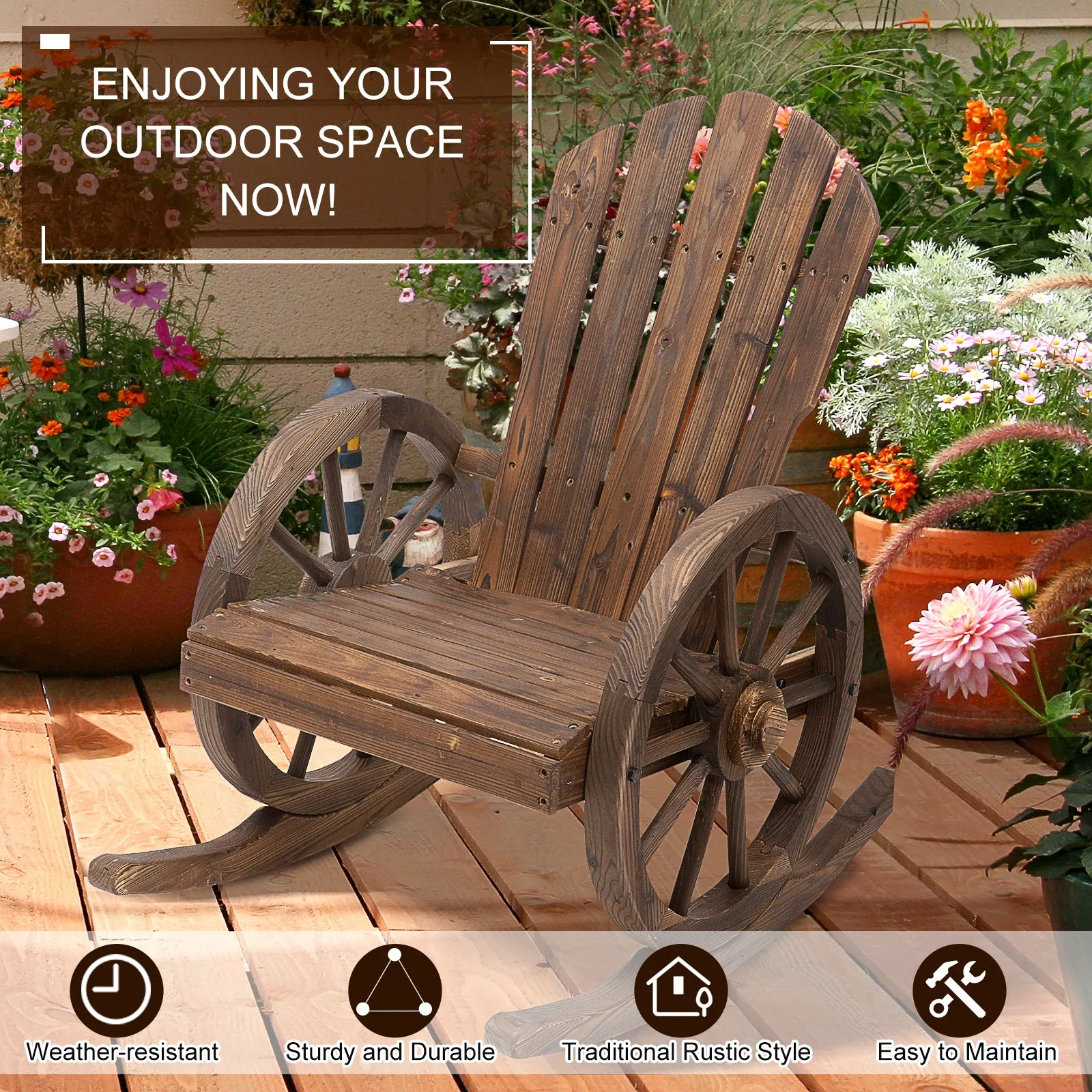Adirondack Rocker Chair with Slatted Design & Oversized Back for Porch & Garden, Carbonized