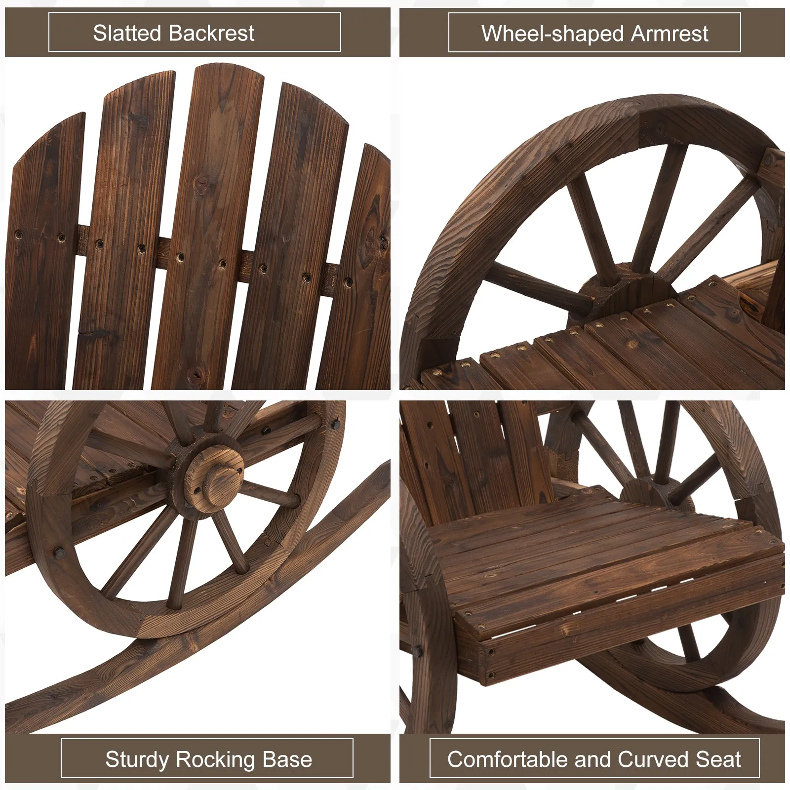 Adirondack Rocker Chair with Slatted Design & Oversized Back for Porch & Garden, Carbonized