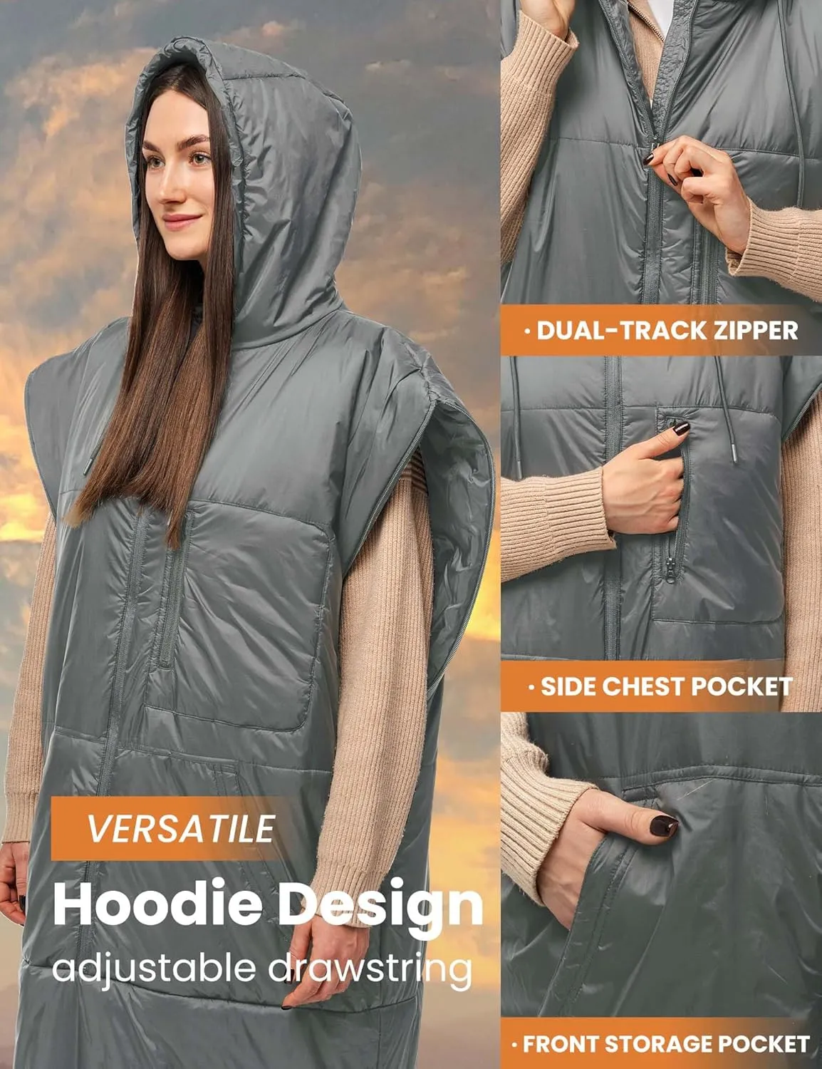 Adult Wearable Sleeping Bag with Hoodie, Sleeveless Design Adjustable Drawstring Waterproof Wearable Sleeping Bag Ideal for Camping, Cold Weather