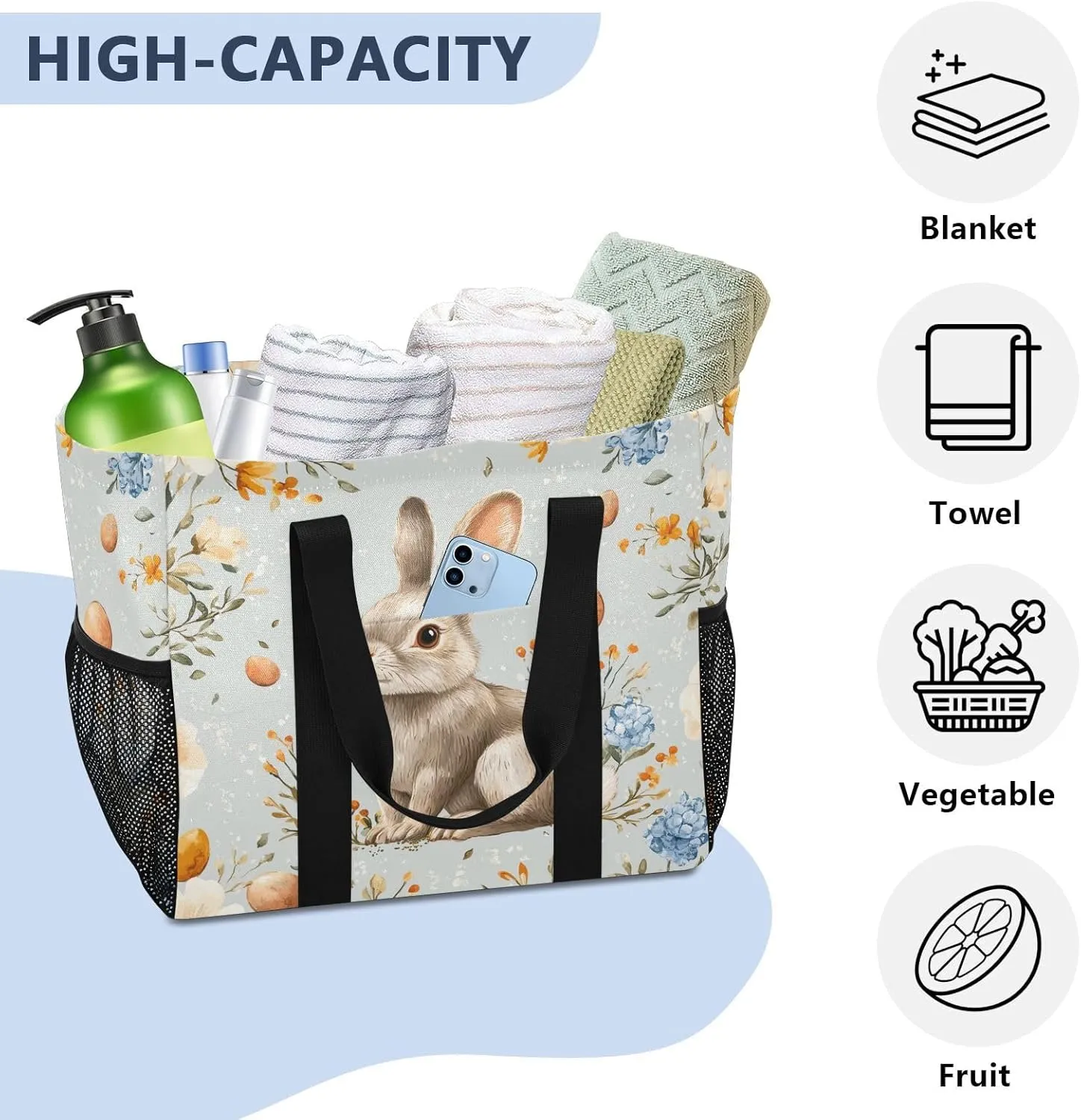 ALAZA Cute Bunnies Flying Baskets Hot Air Balloons Easter Eggs Waterproof Beach Tote Bags