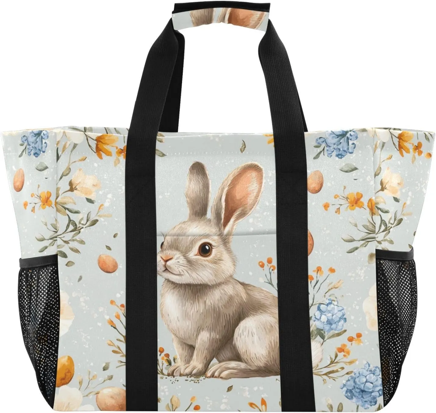 ALAZA Cute Bunnies Flying Baskets Hot Air Balloons Easter Eggs Waterproof Beach Tote Bags