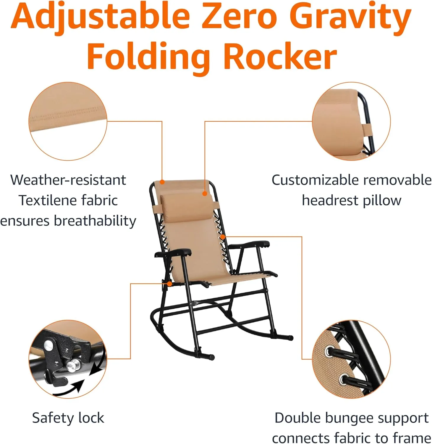 Amazon Basics Outdoor Patio Folding Reclining Lounge Rocking Chair with Pillow, Affordable Folding Chairs for Outside, Beige, 33.6 x 37.4 x 26 inch