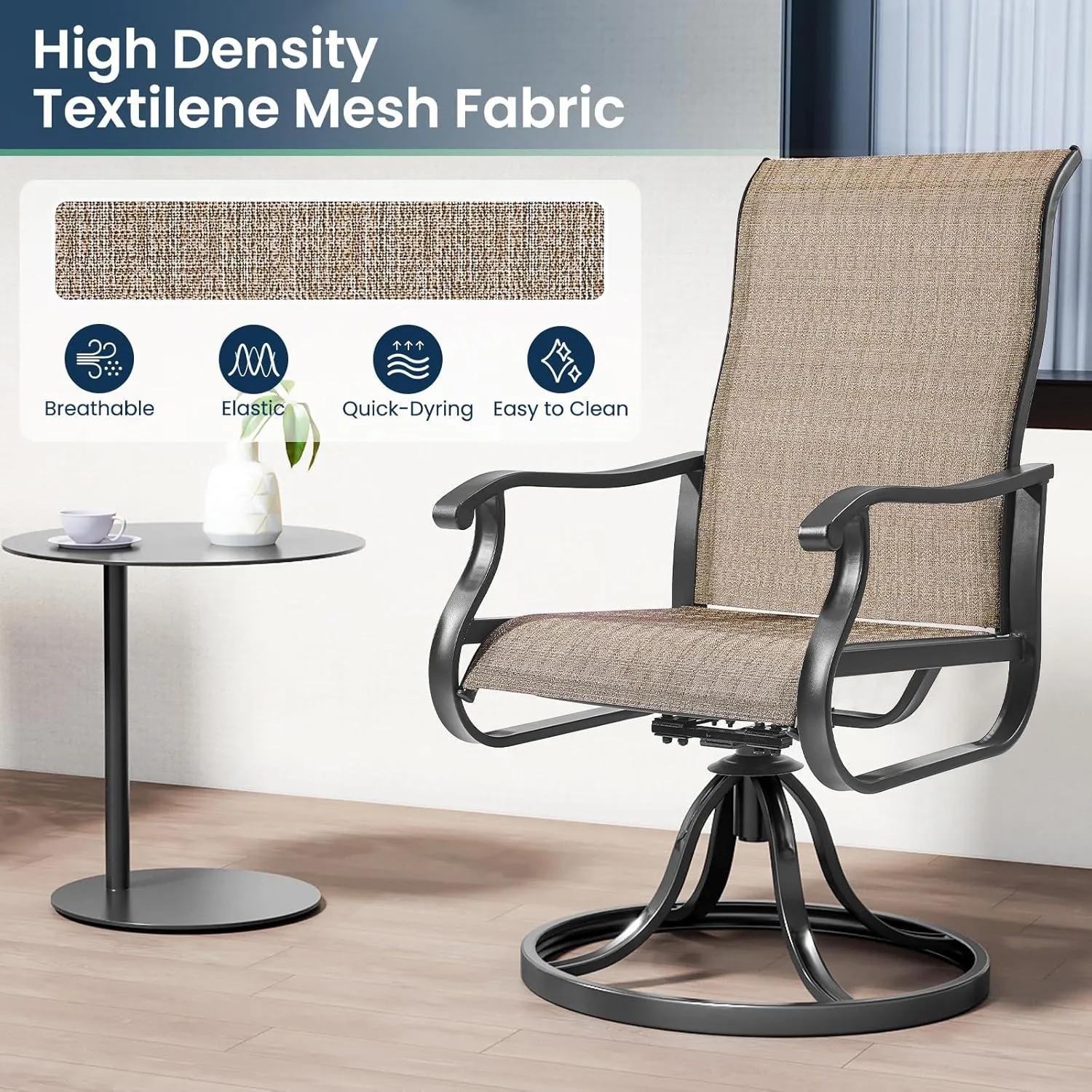 Amopatio Patio Swivel Chairs Set of 2, Outdoor Swivel Rocker Dining Chairs with All Weather Textilene High Back & Metal Frame, for Backyard Deck Lawn Garden, Brown