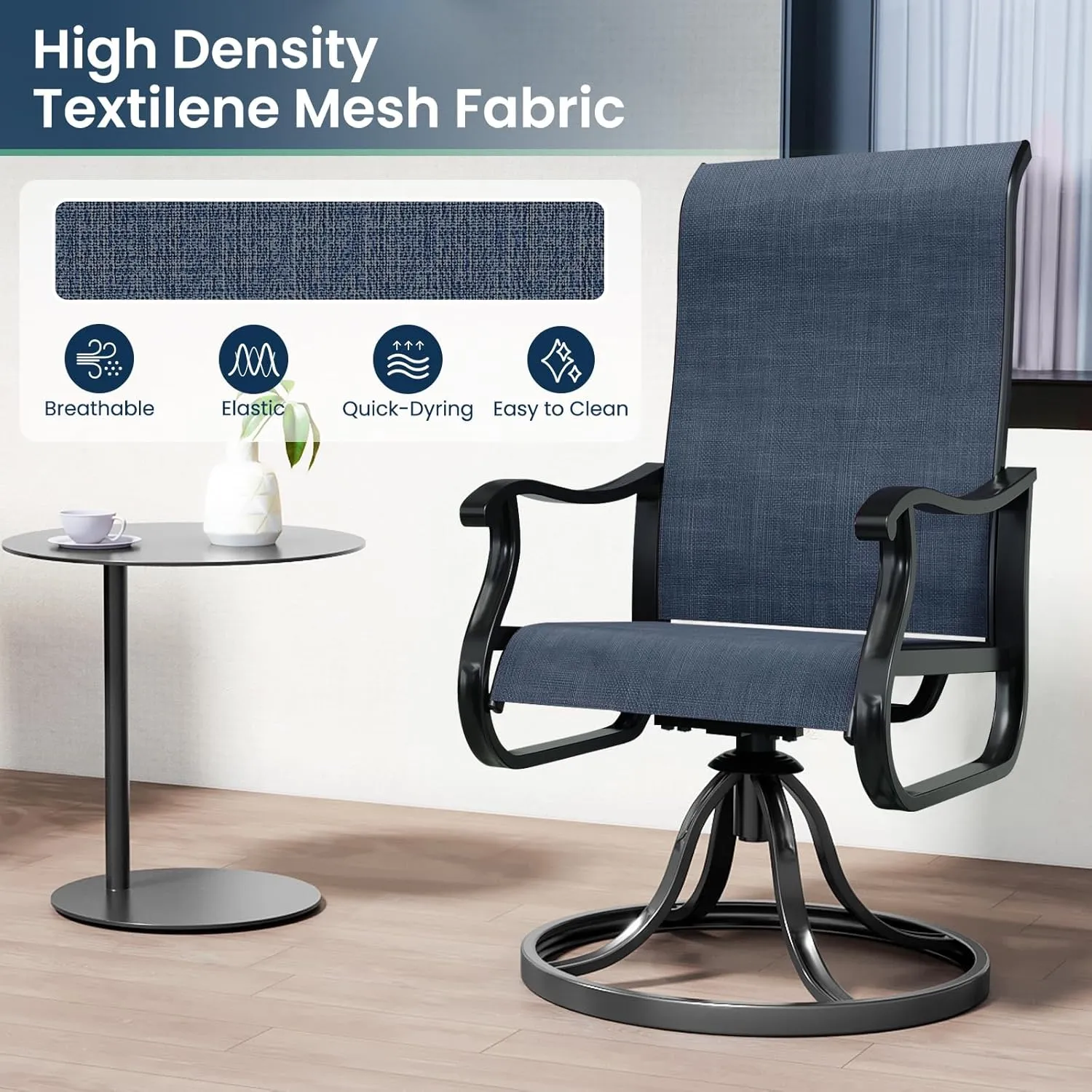 Amopatio Patio Swivel Chairs Set of 2, Outdoor Swivel Rocker Dining Chairs with All Weather Textilene High Back & Metal Frame, for Backyard Deck Lawn Garden, Navy Blue