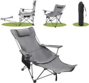 Andeworld Reclining Camping Chair with Removable Footrest,Portable Adjustable Folding Camping Lounge Chair with Headrest Cup Holder Storage Bag for Fishing,Camp,Picnics,Beach,Lawn,Grey