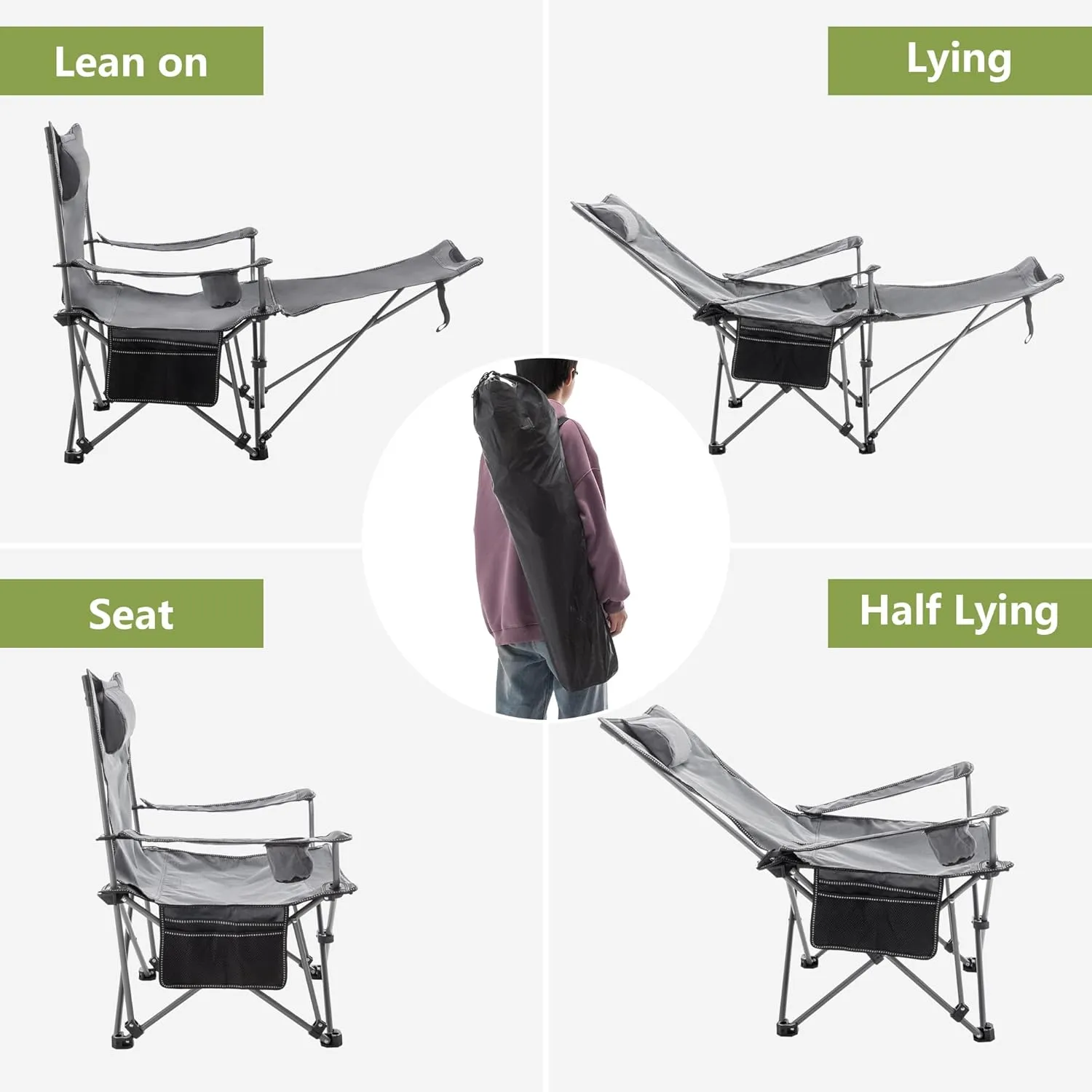 Andeworld Reclining Camping Chair with Removable Footrest,Portable Adjustable Folding Camping Lounge Chair with Headrest Cup Holder Storage Bag for Fishing,Camp,Picnics,Beach,Lawn,Grey