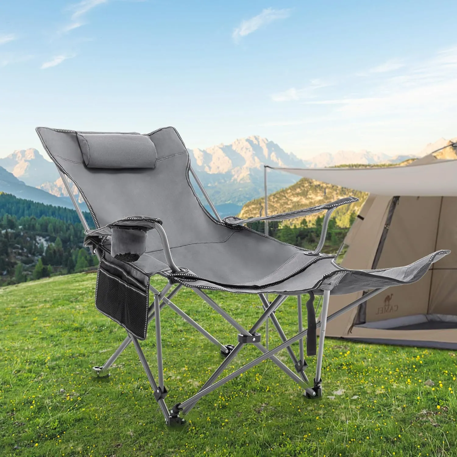 Andeworld Reclining Camping Chair with Removable Footrest,Portable Adjustable Folding Camping Lounge Chair with Headrest Cup Holder Storage Bag for Fishing,Camp,Picnics,Beach,Lawn,Grey