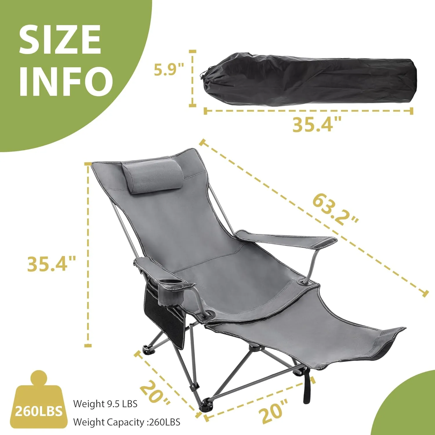 Andeworld Reclining Camping Chair with Removable Footrest,Portable Adjustable Folding Camping Lounge Chair with Headrest Cup Holder Storage Bag for Fishing,Camp,Picnics,Beach,Lawn,Grey