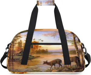 Animal Deer Gym Duffel Bag for Men Women Sunset River Sports Tote Bag with Adjustable Shoulder Strap for Dance Gymnastics Traveling Outdoor Camping Overnight Stay