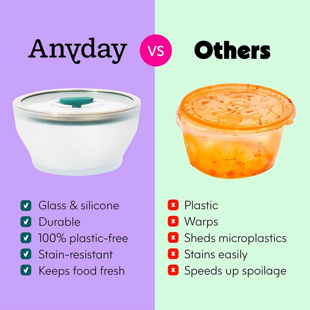 Anyday 4-Cup Microwave Cookware & Glass Container with Glass Lid, Plastic-Free Deep Food Storage | Stackable Airtight Steamer with Vented Lid for Microwave-Safe Reheating, Steaming Vegetables & Rice
