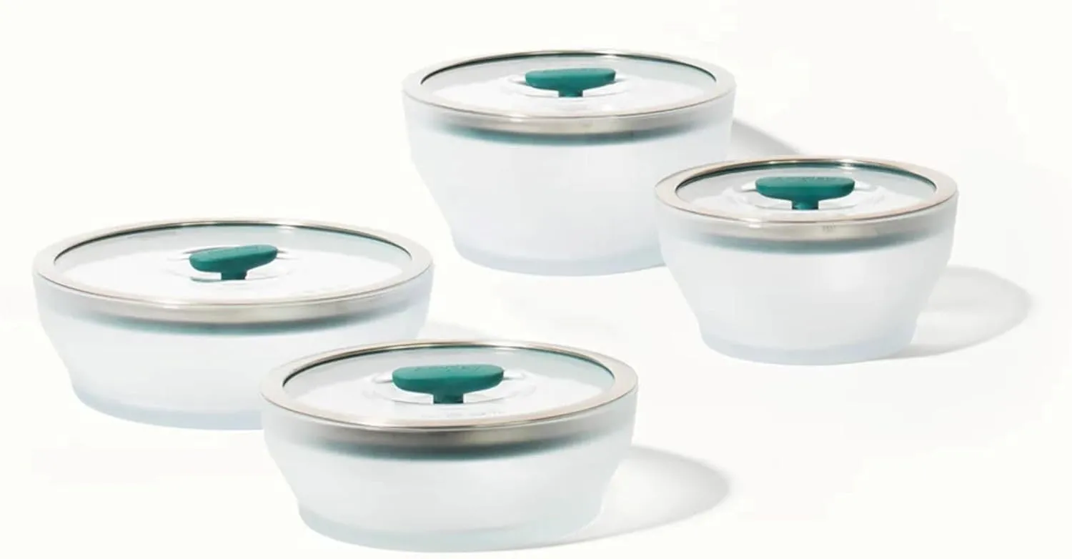 Anyday 8-Pc Microwave Cookware & Glass Food Storage Set with Glass Lids | Plastic-Free Containers | Stackable Airtight Steamer with Vented Lid for Microwave-Safe Reheating & Steaming Vegetables, Rice