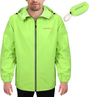 APEXUP Packable Rain Jacket Men with Reflective Zipper, Lightweight Waterproof Raincoat, Mens Rain Jacket for Outdoor Sports