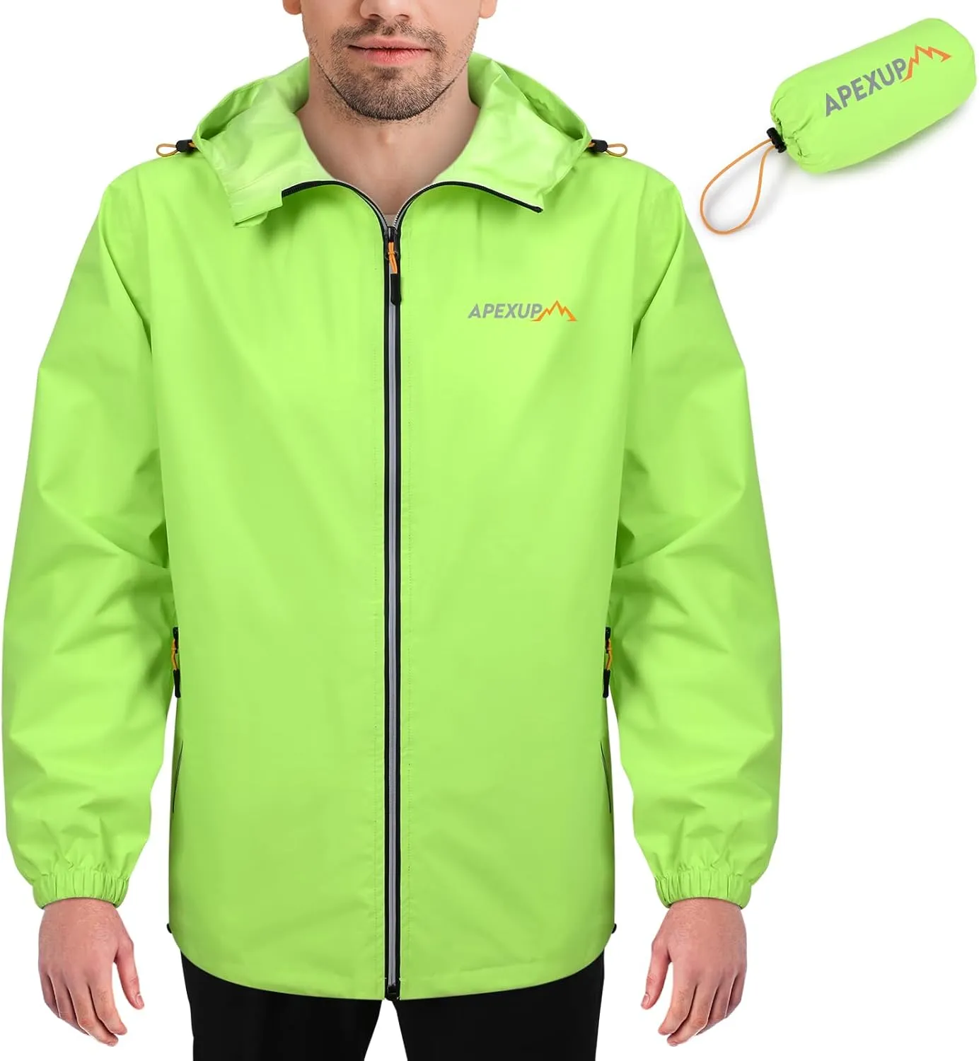 APEXUP Packable Rain Jacket Men with Reflective Zipper, Lightweight Waterproof Raincoat, Mens Rain Jacket for Outdoor Sports