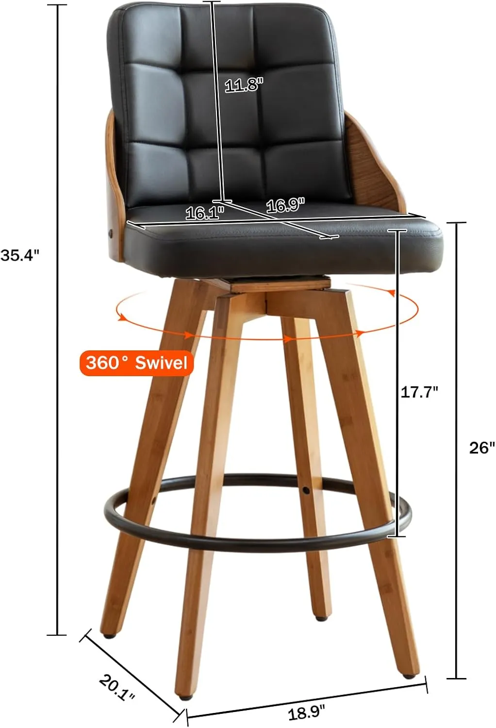 AQG Bar Stools Set of 2, Counter Height Bar Stools, 26 Inch Swivel Barstools with Walnut Craft, Upholstered Faux Leather with Back, Mid Century for Kitchen, Island, Counter.(Black Pu)