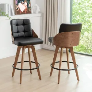 AQG Bar Stools Set of 2, Counter Height Bar Stools, 26 Inch Swivel Barstools with Walnut Craft, Upholstered Faux Leather with Back, Mid Century for Kitchen, Island, Counter.(Black Pu)