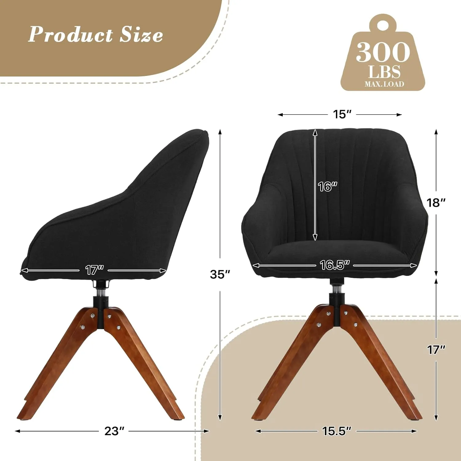 Athena Collection Swivel Modern Accent Chair, Linen Upholstered Armchair Office Desk Chair No Wheels with Wooden Legs, Comfy Vanity Chair Reading Chair for Bedroom Living Room, Black