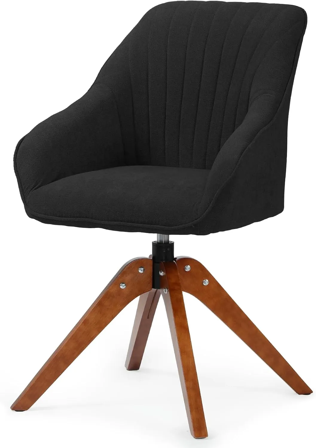 Athena Collection Swivel Modern Accent Chair, Linen Upholstered Armchair Office Desk Chair No Wheels with Wooden Legs, Comfy Vanity Chair Reading Chair for Bedroom Living Room, Black