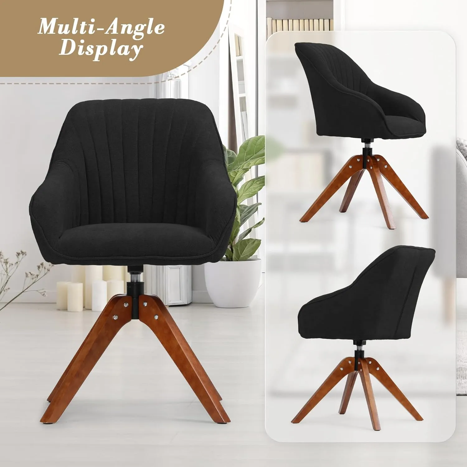Athena Collection Swivel Modern Accent Chair, Linen Upholstered Armchair Office Desk Chair No Wheels with Wooden Legs, Comfy Vanity Chair Reading Chair for Bedroom Living Room, Black