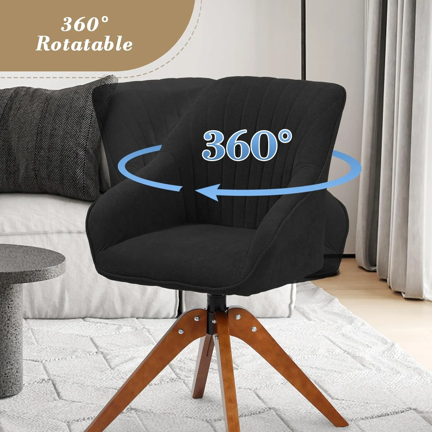 Athena Collection Swivel Modern Accent Chair, Linen Upholstered Armchair Office Desk Chair No Wheels with Wooden Legs, Comfy Vanity Chair Reading Chair for Bedroom Living Room, Black