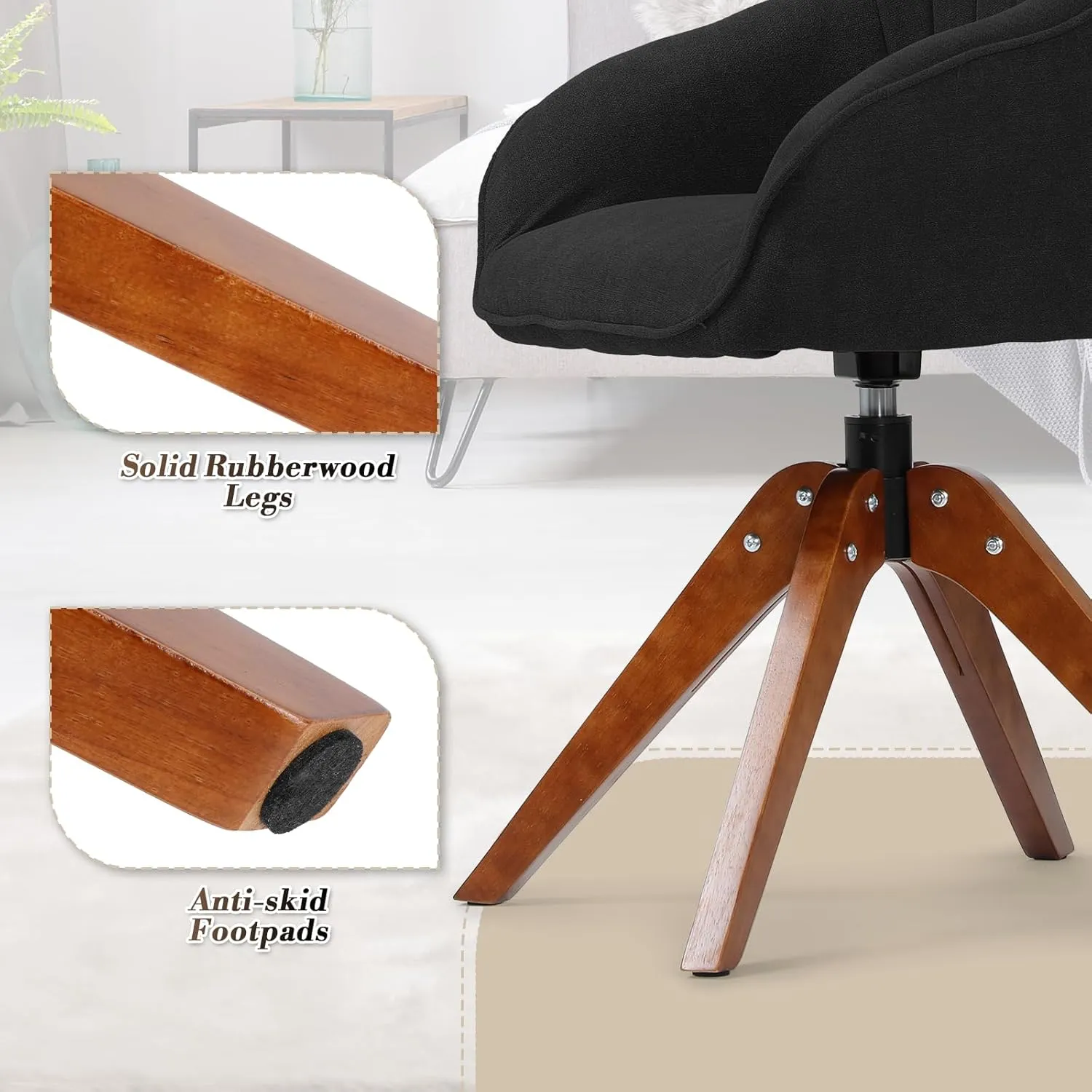 Athena Collection Swivel Modern Accent Chair, Linen Upholstered Armchair Office Desk Chair No Wheels with Wooden Legs, Comfy Vanity Chair Reading Chair for Bedroom Living Room, Black