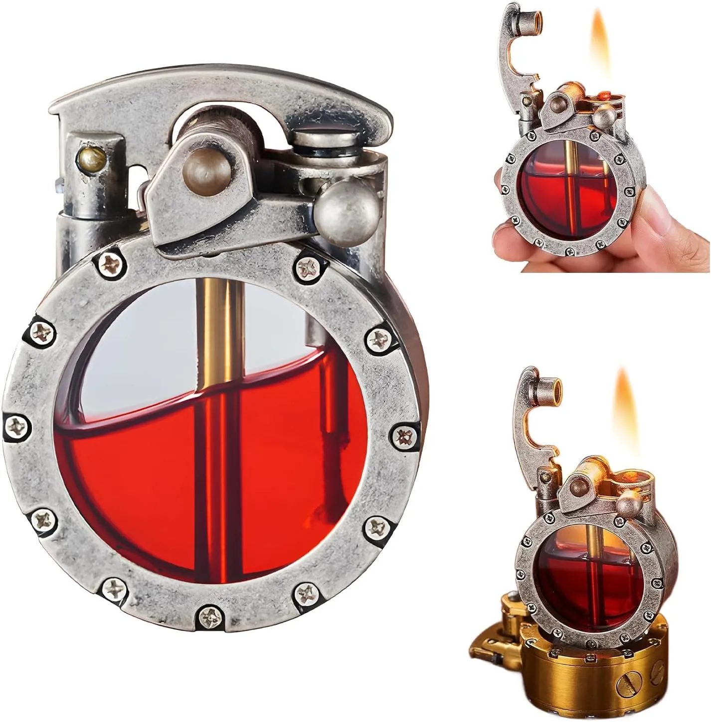 Atlodas Vintage Trench Transparent Kerosene Antique Steampunk Lighter-No Fuel (Silver)