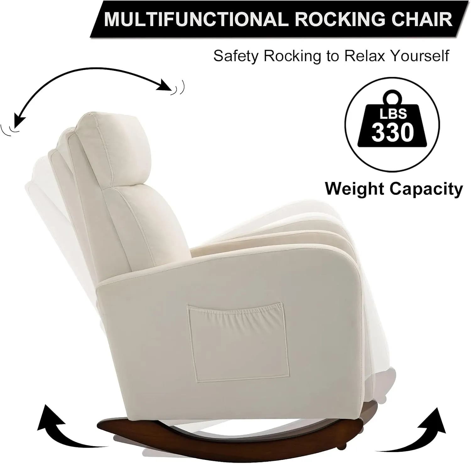 AVAWING Nursery Rocking Chair, Upholstered Glider Chair with Solid Wood Legs, Wooden Rocker Chair with Two Side Pockets, High Back Chair for Living Room, Bedroom (Beige)