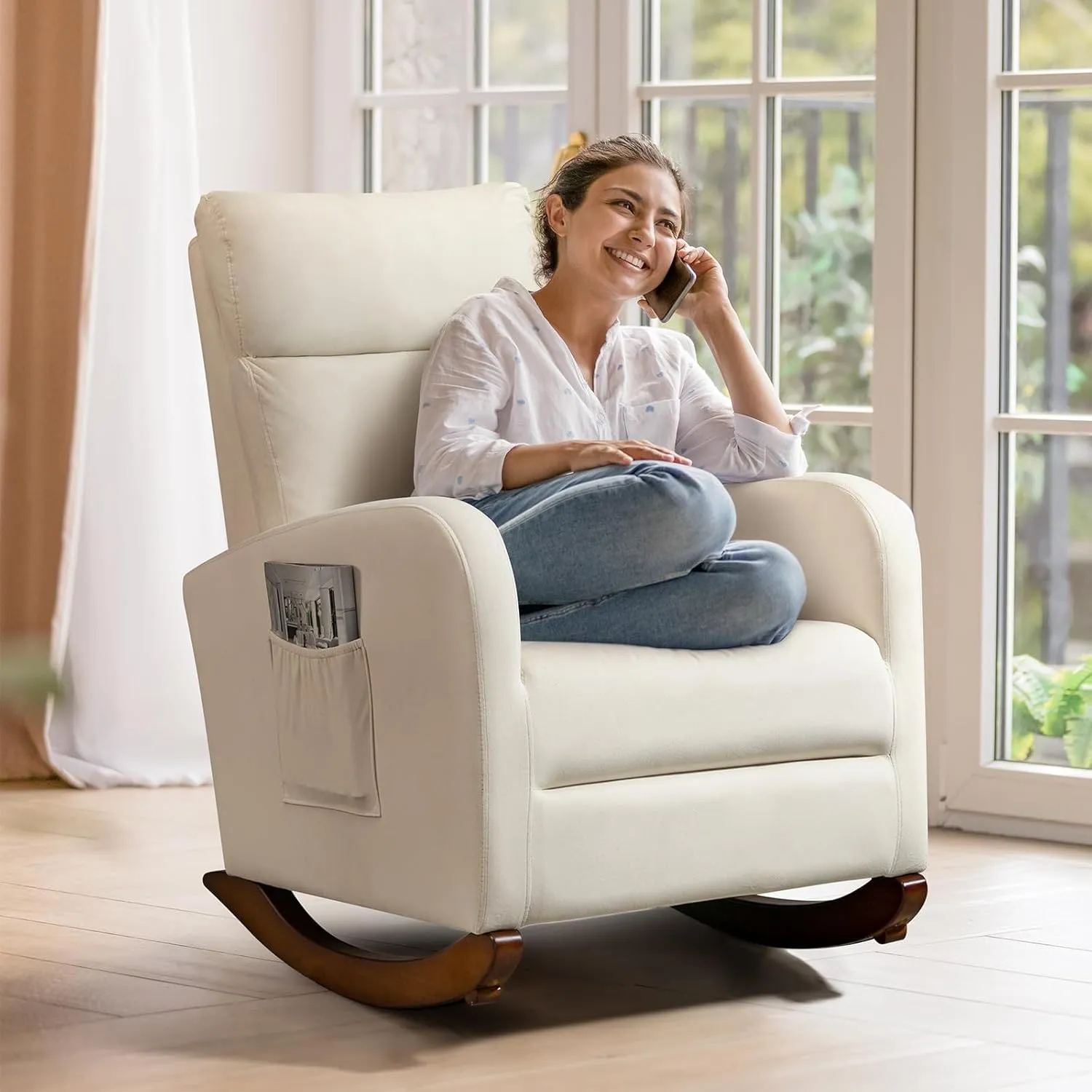 AVAWING Nursery Rocking Chair, Upholstered Glider Chair with Solid Wood Legs, Wooden Rocker Chair with Two Side Pockets, High Back Chair for Living Room, Bedroom (Beige)