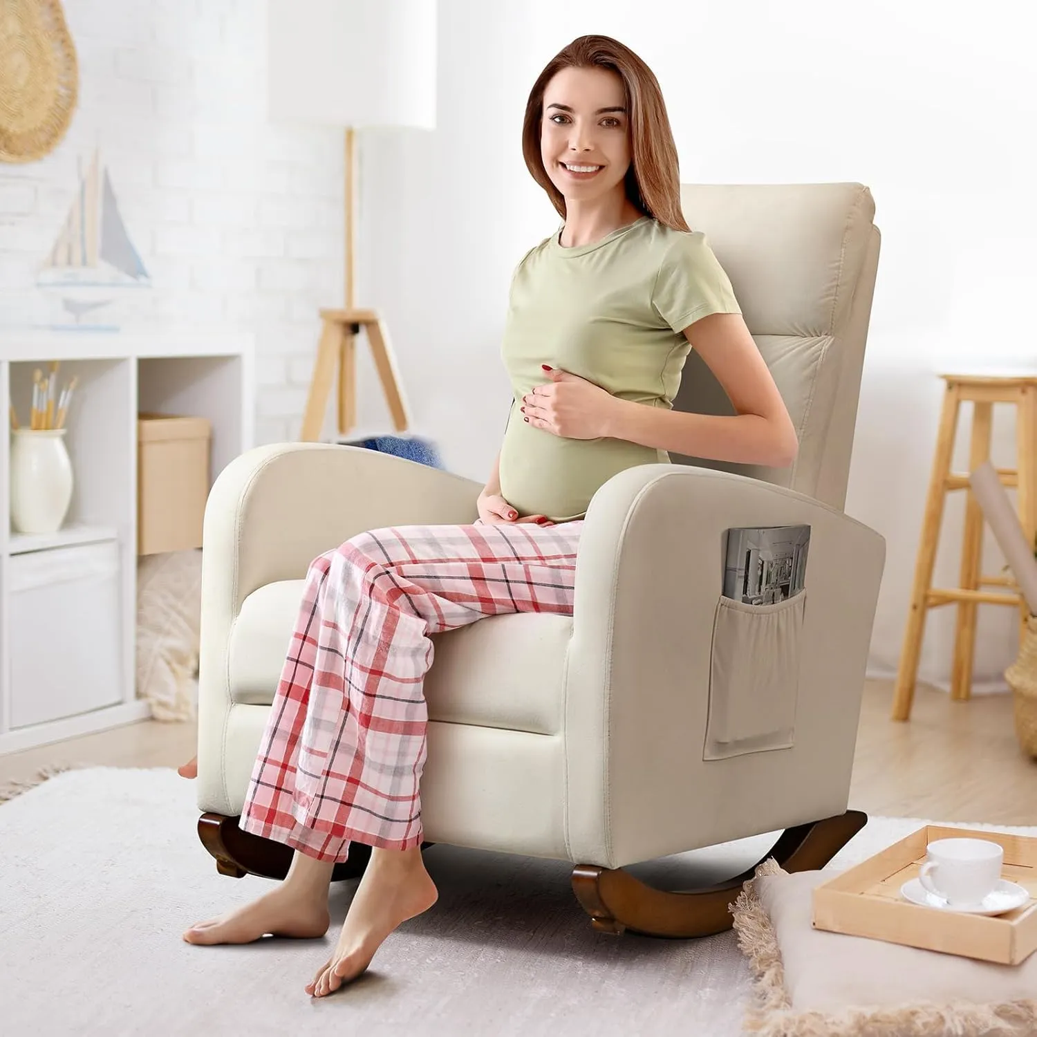 AVAWING Nursery Rocking Chair, Upholstered Glider Chair with Solid Wood Legs, Wooden Rocker Chair with Two Side Pockets, High Back Chair for Living Room, Bedroom (Beige)