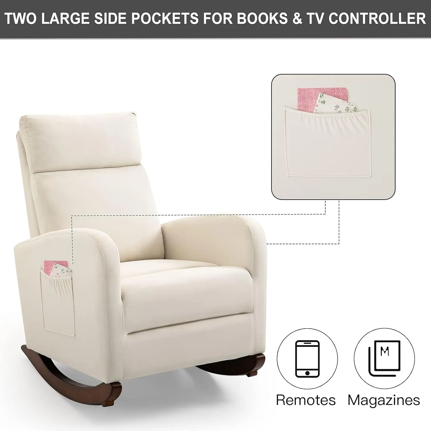 AVAWING Nursery Rocking Chair, Upholstered Glider Chair with Solid Wood Legs, Wooden Rocker Chair with Two Side Pockets, High Back Chair for Living Room, Bedroom (Beige)