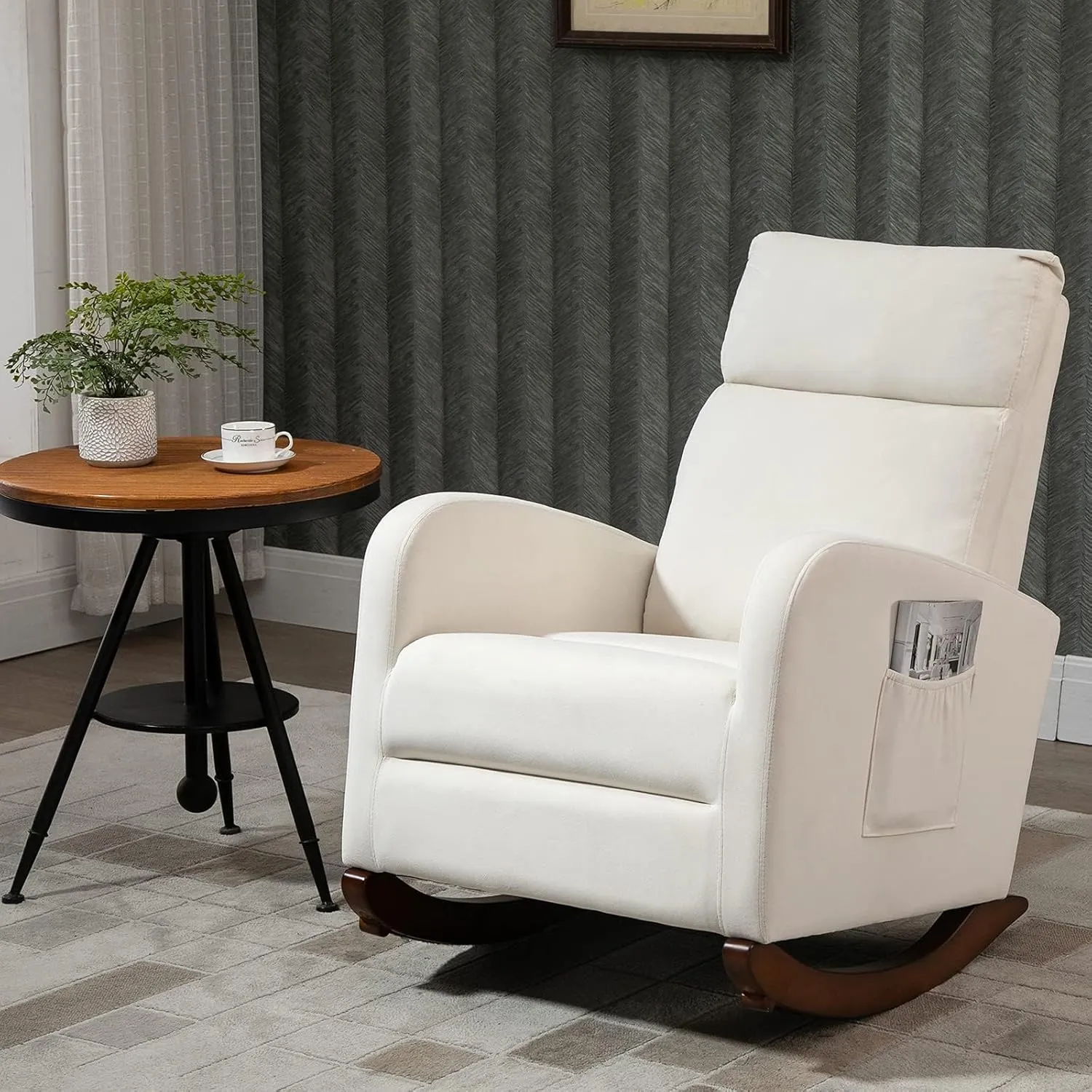 AVAWING Nursery Rocking Chair, Upholstered Glider Chair with Solid Wood Legs, Wooden Rocker Chair with Two Side Pockets, High Back Chair for Living Room, Bedroom (Beige)