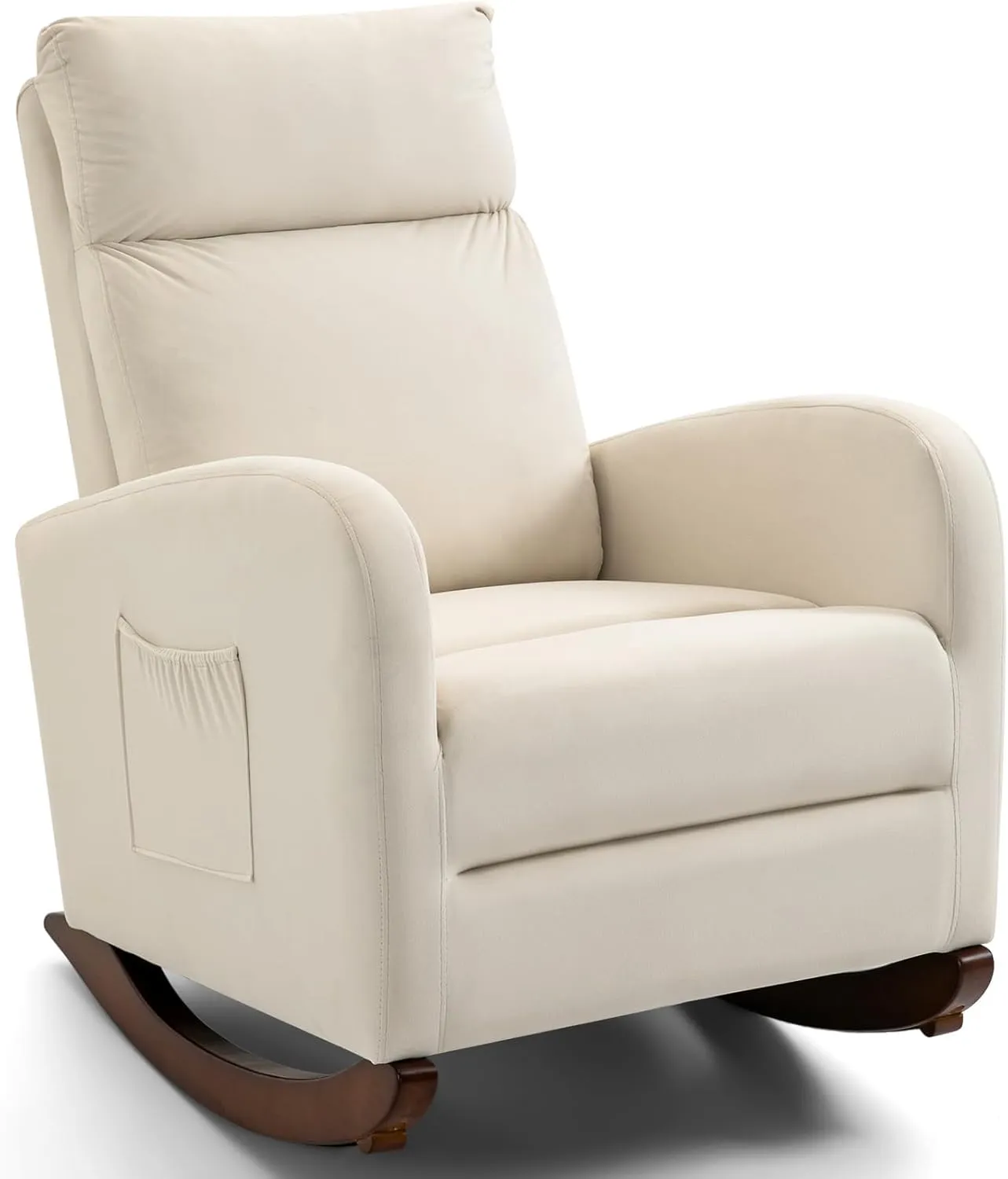 AVAWING Nursery Rocking Chair, Upholstered Glider Chair with Solid Wood Legs, Wooden Rocker Chair with Two Side Pockets, High Back Chair for Living Room, Bedroom (Beige)