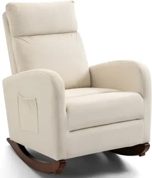AVAWING Nursery Rocking Chair, Upholstered Glider Chair with Solid Wood Legs, Wooden Rocker Chair with Two Side Pockets, High Back Chair for Living Room, Bedroom (Beige)