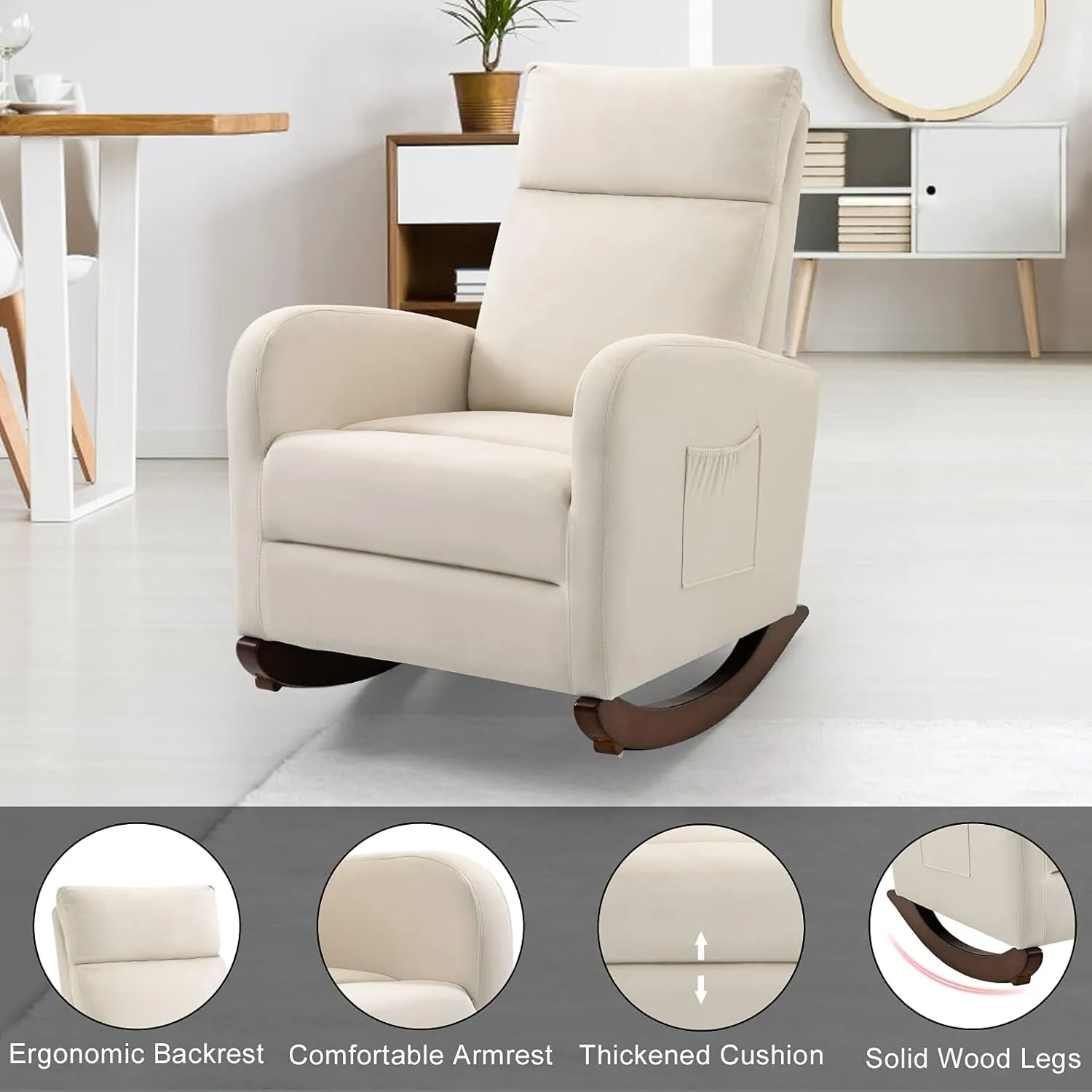 AVAWING Nursery Rocking Chair, Upholstered Glider Chair with Solid Wood Legs, Wooden Rocker Chair with Two Side Pockets, High Back Chair for Living Room, Bedroom (Beige)