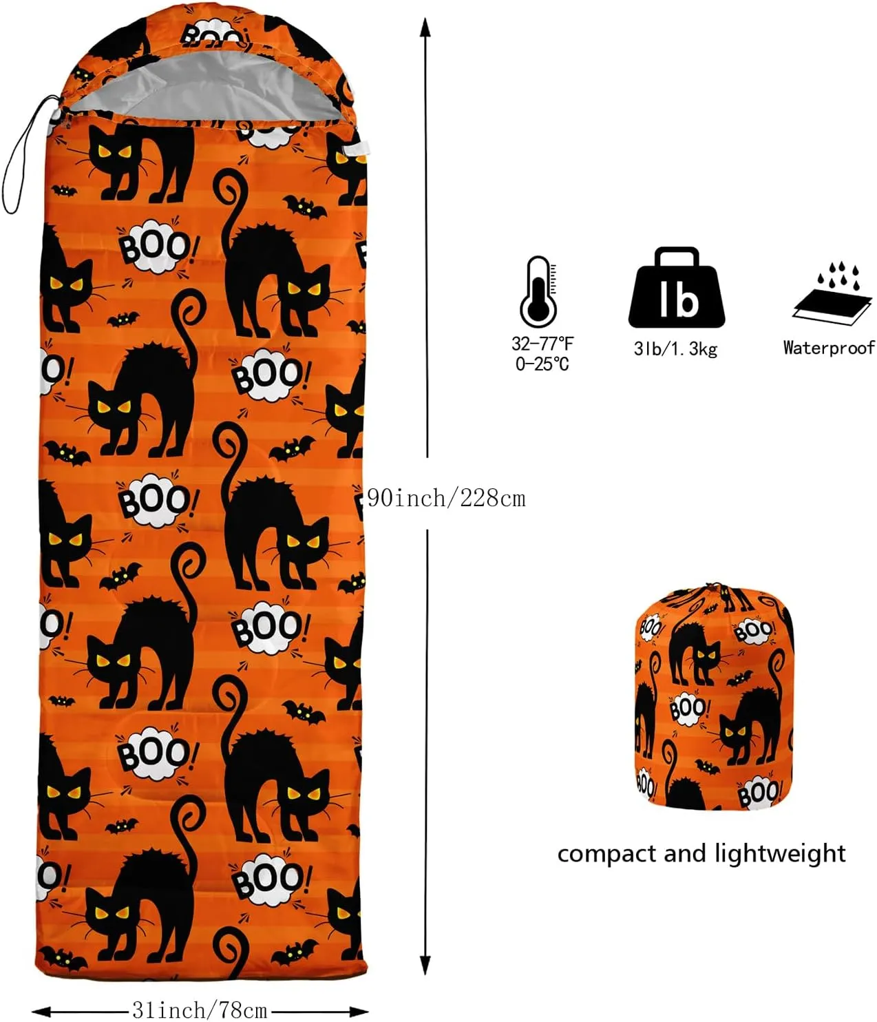 Axolotl Black Cats Sleeping Bag for Kids Boys Girls–Lightweight Warm Cold Weather Sleeping Bags,Waterproof Portable Sleeping Bag for Camping,Backpacking Camping Sleeping Bag,Kids Sleeping Bags,Orange