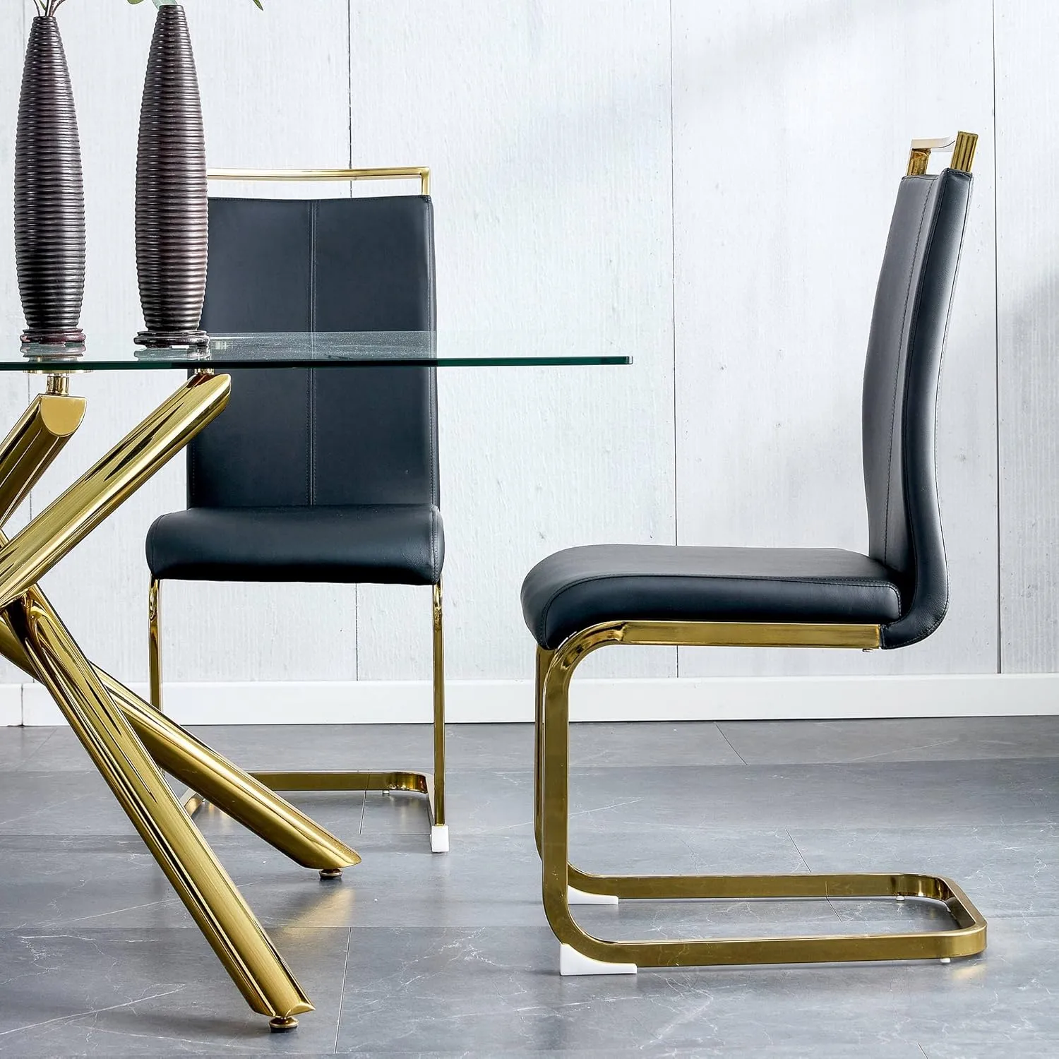 AZmac Modern Leather Dining Chairs Set of 4,Armless Kitchen Chairs,Dining Room Chairs with Upholstered Padded Seat and Sturdy Gold Legs for Dining Room,Kitchen (Set of 4, Black-Gold Leg)