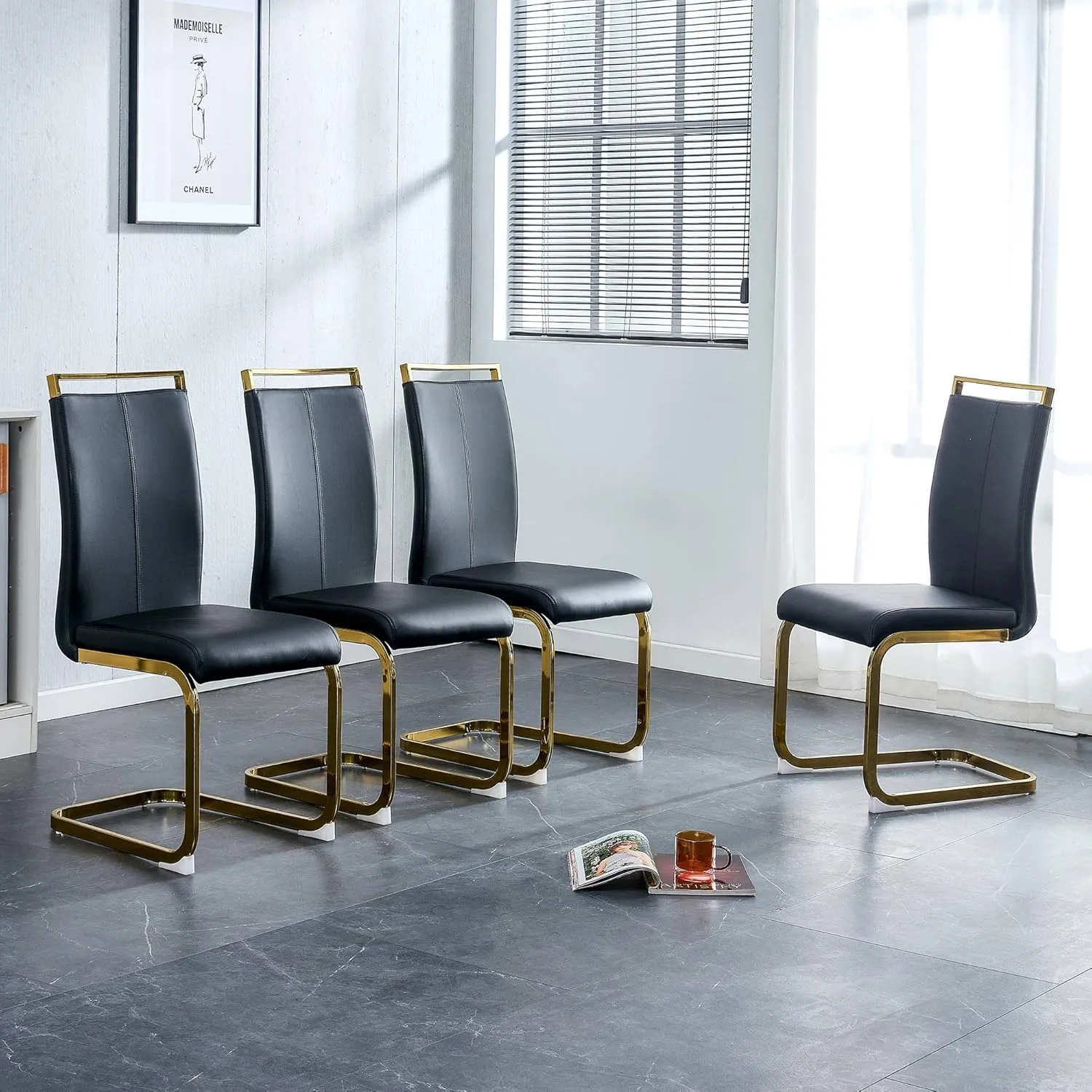 AZmac Modern Leather Dining Chairs Set of 4,Armless Kitchen Chairs,Dining Room Chairs with Upholstered Padded Seat and Sturdy Gold Legs for Dining Room,Kitchen (Set of 4, Black-Gold Leg)