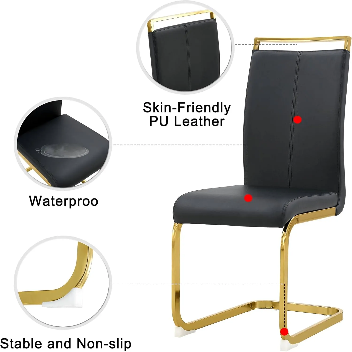 AZmac Modern Leather Dining Chairs Set of 4,Armless Kitchen Chairs,Dining Room Chairs with Upholstered Padded Seat and Sturdy Gold Legs for Dining Room,Kitchen (Set of 4, Black-Gold Leg)