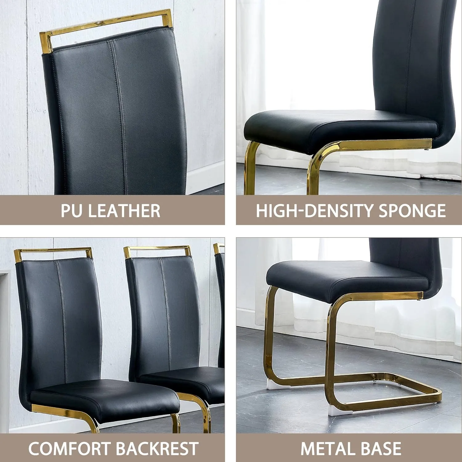 AZmac Modern Leather Dining Chairs Set of 4,Armless Kitchen Chairs,Dining Room Chairs with Upholstered Padded Seat and Sturdy Gold Legs for Dining Room,Kitchen (Set of 4, Black-Gold Leg)