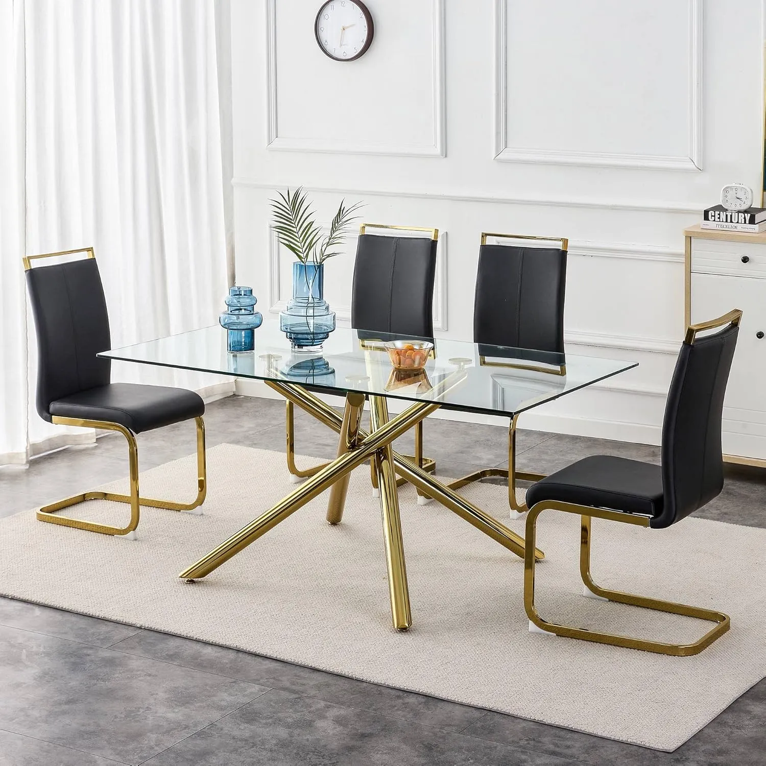 AZmac Modern Leather Dining Chairs Set of 4,Armless Kitchen Chairs,Dining Room Chairs with Upholstered Padded Seat and Sturdy Gold Legs for Dining Room,Kitchen (Set of 4, Black-Gold Leg)